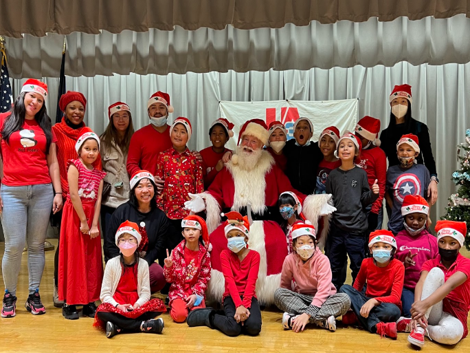 Students with Santa Claus. 