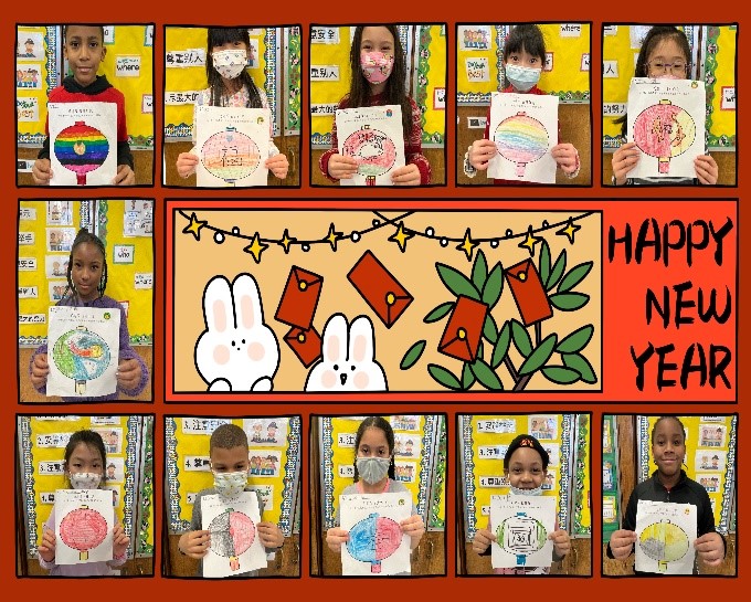 Students with signs wishing a Happy Lunar New Year. 